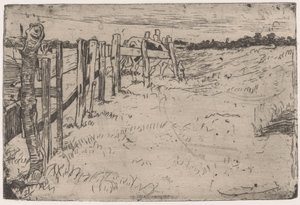 Vaca pastando en una valla en un prado de Pieter Dupont