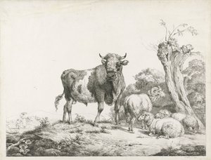 Un toro, un carnero y dos ovejas junto a un sauce desmochado de Pieter Gerardus van Os