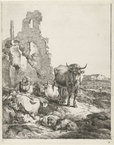 Paisaje con vaca y pastora de pie y tumbada frente a una ruina de Pieter Gerardus van Os