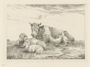 Vaca dormida con oveja y cordero.