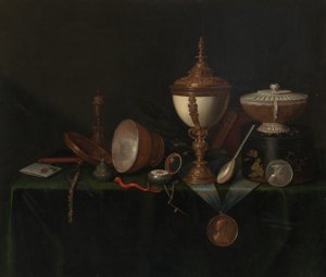 Naturaleza muerta con copa de huevo de avestruz y las reliquias de Whitfield, c. 1670