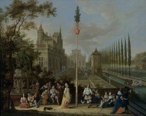 Figuras bailando alrededor de un mayo, en el recinto de un castillo