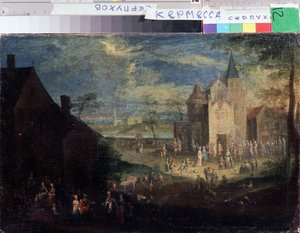 ""Kermesse en el lugar de un pueblo"" (Kermis) Paisaje de la ciudad de Flandes. Pintura de Peter Gysels (1621-1690) Serpukhov, Museo Estatal de Historia y Arte Rusia