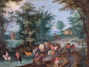 Paisaje con figuras cruzando un arroyo (óleo sobre cobre) de Peeter Gijsels