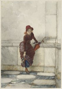Mujer joven de pie, apoyada en la pared