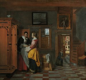 Interior con mujeres junto a un cofre de lino, 1663