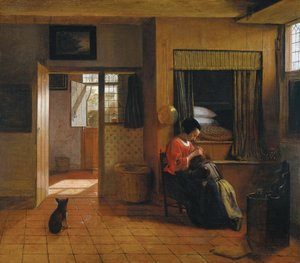 Interior con una madre despiojando el cabello de su hijo (detalle), 1659-1660