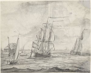 Aguas interiores con barcos, una ciudad en la distancia de Pieter Idserts