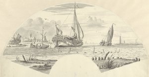 Vista de algunos barcos en el agua y un molino de viento cerca de una iglesia de Pieter Idserts