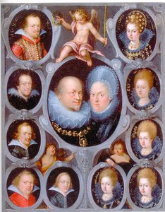 El duque Federico I (1557-1608) (r. 1593-1608) y la duquesa de Württemberg Sibylla con diez de sus hijos