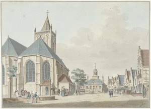 La plaza del mercado de Vlaardingen con la iglesia y el ayuntamiento de Pieter Jan van Liender