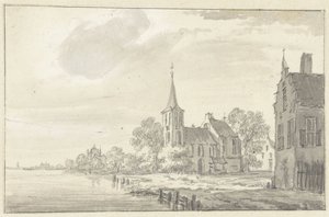 Iglesia del pueblo y casas junto a un río de Pieter Jan van Liender
