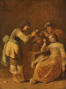 Jugadores de cartas con una mujer fumando en pipa de Pieter Jansz Quast