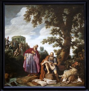 Hipócrates (de Cos, 460-370 a.C.) visitando a Demócrito (de Abdera, 460-370 a.C.). Pintura de Pieter Lastman (1583-1633)