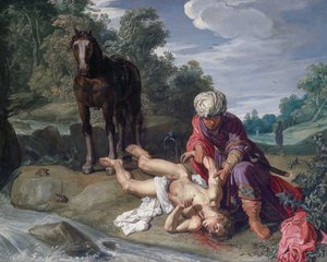 El buen samaritano curando las heridas del caminante (Lucas 10:25-37) de Pieter Lastman