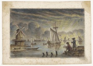 Vista de la costa con barcos, molino de viento y un dibujante de Pieter Louw (attributed to)