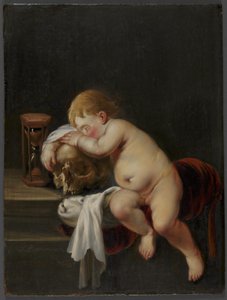 Niño durmiendo sobre una calavera