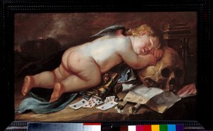 El amor durmiendo sobre la cabeza de un muerto. Pintura (Vanite) de Pieter Moninckx (1606 - 1686) Ec. Flam. de Pieter Moninckx