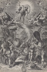 La conversión de Saulo, quien yace en el suelo rodeado de caballos y soldados mientras Cristo... de Pieter Perret