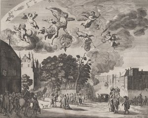 Carlos II entrando en La Haya en un carruaje con el Mauritshuis a la derecha, de 