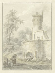 Paisaje con pescador y mujer caminando cerca de una torre fortificada de Pieter Pietersz. Barbiers