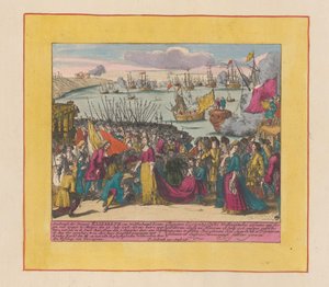 Llegada de la princesa Isabel Cristina de Wolfenbüttel a Mutaro, 1708 Llegada de la Princesa Isabel de Wolfenbuttel Reina de España (...) (título sobre objeto) Teatro de la Guerra, Comienzo del Rey Carlos II. Hasta el rey Karel de I de Pieter Schenk (I)