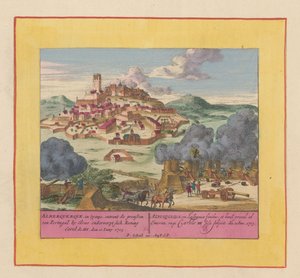 Asedio de Albuquerque, 1705 Alberquerque, en España, en las fronteras de Portugal en Elvas, se somete al rey Carel III, el 10 de junio de 1705 (título sobre el objeto) Teatro de la Guerra, Comienzo del Rey Carlos II. Nos vemos en King Kar de Pieter Schenk (I)