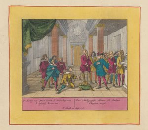 El duque Felipe de Anjou acepta la corona española, 1700 El Duque de Anjou acepta la Oferta de la Corona española (...) (título sobre objeto) Teatro de la Guerra, Comienzo del Rey Carlos II. Hasta el rey Carlos III. Existente en IX de Pieter Schenk (I)