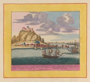 Conquista de Gibraltar por una flota angloholandesa, 1704 Gibraltar conquistado por el Pr. van Hessen Darmstadt, con la milicia desembarcada de Eng : en Holl : bajo Adm : Rooke and Callenberg den 4 Aug : 1704 (...) (título sobre el objeto) Teatro