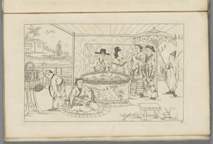 Figuras chinas alrededor de una mesa de té
Nuevas figuras chinas inventadas dibujadas con gran dificultad y dadas en Lay, por P. Schenk Jun (...), segundo volumen (título de la serie)