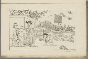 Paisaje con un hombre y una mujer tomando té
Nuevo chino inventado, dibujado con gran dificultad y dado en Lay, por P: Schenk Jun (...), primera parte (título de la serie) de Pieter Schenk (II)