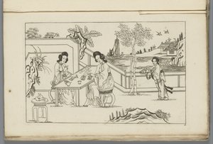 Paisaje con dos mujeres chinas jugando una partida de cartas
Nuevo chino inventado, dibujado con gran dificultad y dado en Lay, por P: Schenk Jun (...), primera parte (título de la serie) de Pieter Schenk (II)