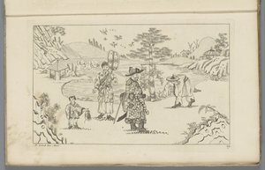 Cuatro figuras chinas en un paisaje
Nuevas figuras chinas inventadas dibujadas con gran dificultad y dadas en Lay, por P. Schenk Jun (...), segundo volumen (título de la serie) de Pieter Schenk (II)