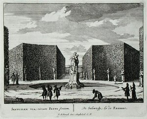 Seto hexagonal junto a una fuente de fauno, de 