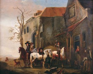 Jinetes y caballos en la puerta de una posada de Pieter Wouwermans or Wouwerman