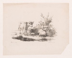 Dos vacas junto a una valla y un sauce desmochado de Pieter de Goeje