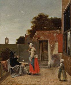 Un hombre fumando y una mujer bebiendo en un patio, c.1658-60