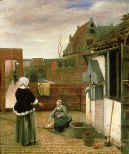 Una mujer y una criada en un patio, c.1660-61 de Pieter de Hooch