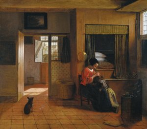 Interior con una madre limpiando el cabello de su hijo, conocido como 