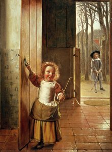 Niños en una puerta con palos de 