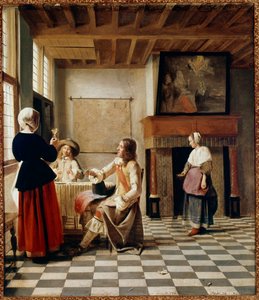Interior holandés. Una mujer bebe con dos hombres sentados a la mesa de Pieter de Hooch