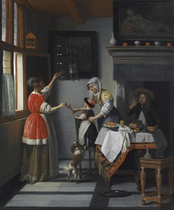 Interior con un niño alimentando a un loro de Pieter de Hooch