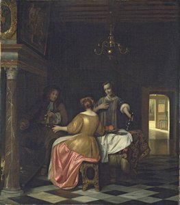 Interior con un caballero y dos damas conversando, c.1668-70 (óleo sobre lienzo) de Pieter de Hooch