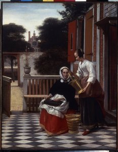 Ama y su sirviente. (Una amante y su doncella). Ama de casa en la terraza ocupada con un trabajo de costura mira el trabajo realizado por su sirvienta. Pintura de Pieter de Hooch (1629-1684)