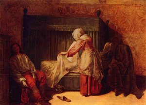 Soldado tirando de una bota y una mujer haciendo una cama de Pieter de Hooch