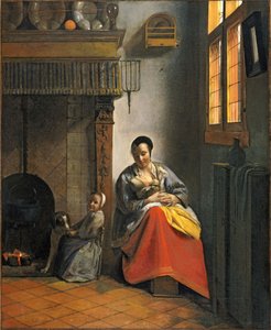 Mujer amamantando a un bebé, con un niño y un perro de Pieter de Hooch