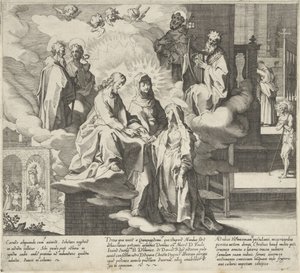 Catalina aparece / La boda de Catalina / Catalina comparte su capa Escenas de la Vida y Milagros de Santa Catalina de Siena (título de la serie) Vita mors gesta, et miracula quaedam selecta B. CATHERINAE SENENSIS (...) (título de serie) de Pieter de Jode (I)