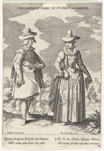 Paar, modo gekleed volgens de Engelse, ca. 1610 Inglés adolescente y hábitos ingleses (título en objeto) Kostuums uit verschiedelden landen (título de la serie) Adornos de varias naciones (título de la serie) de Pieter de Jode (I)