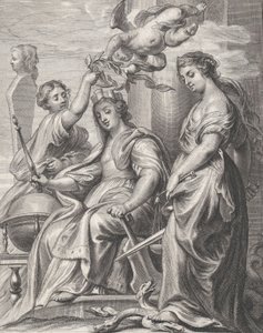 Alegoría del Buen Gobierno, sentado en el centro y coronado por un putto y una mujer, ca. 1640-74 de Pieter de Jode II