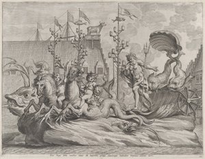 Placa 35: Felipe de España como Neptuno, montado en un carro tirado por dos caballos marinos, de Gu..., 1636 de Pieter de Jode II